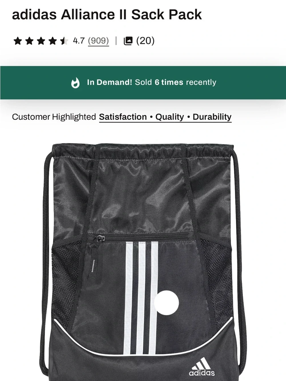 adidas Black Drawstring Sack Pack with White Stripes